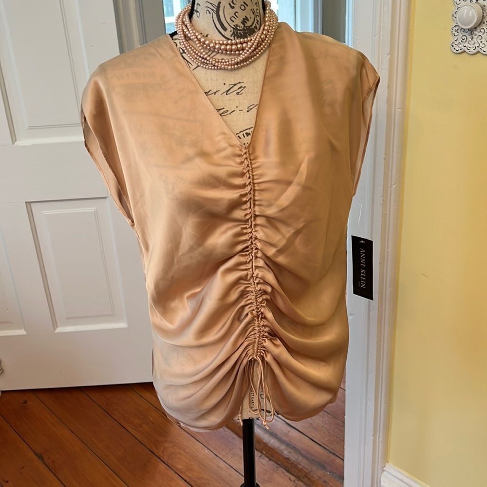 NWT Anne Klein Sz 10 Champagne Satiny Ruched Tie Front Blouse